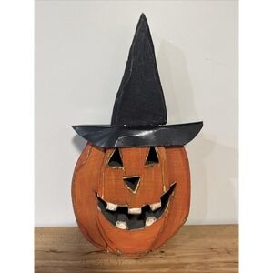 RARE Pier 1 Rustic 21" Halloween Wood Jack O Lantern Candle Holder Pumpkin